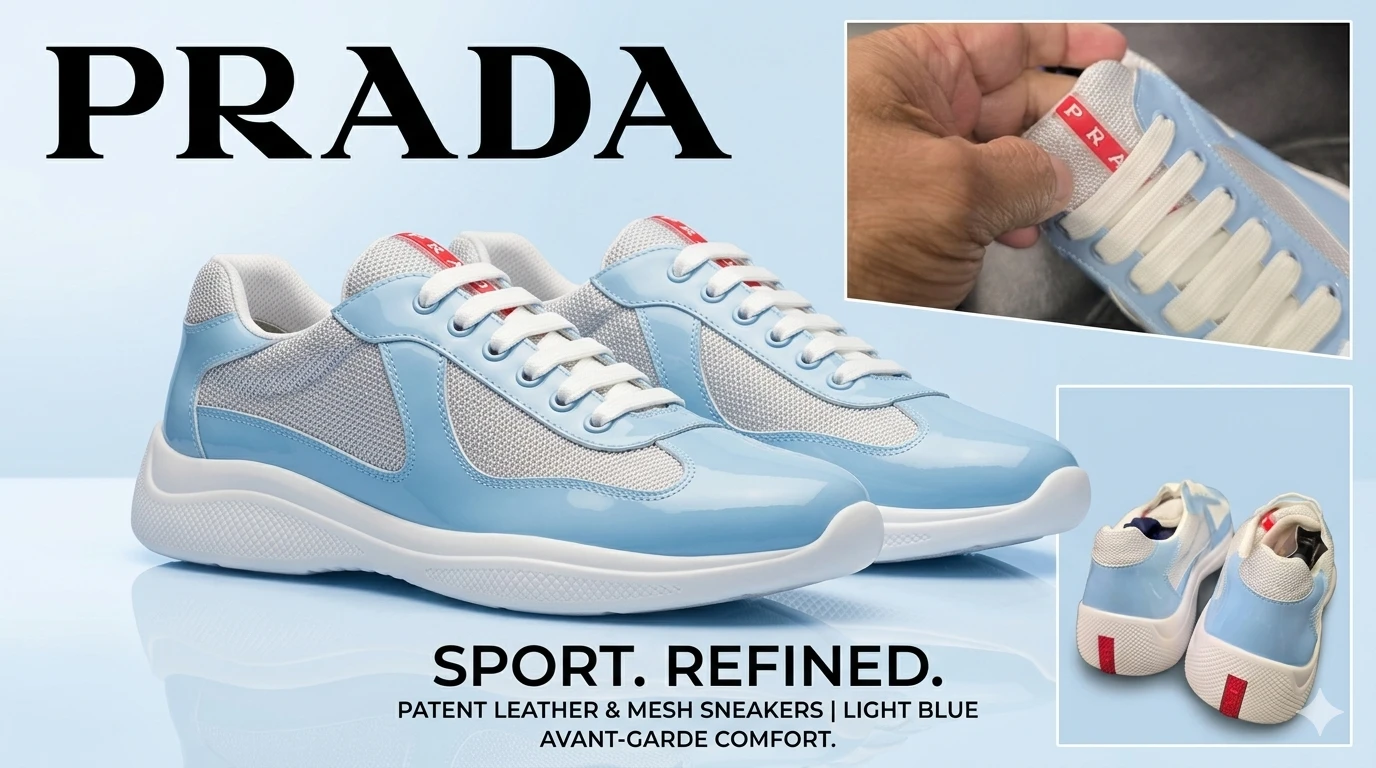 Prada Patent Leather & Mesh Sneakers - Light Blue