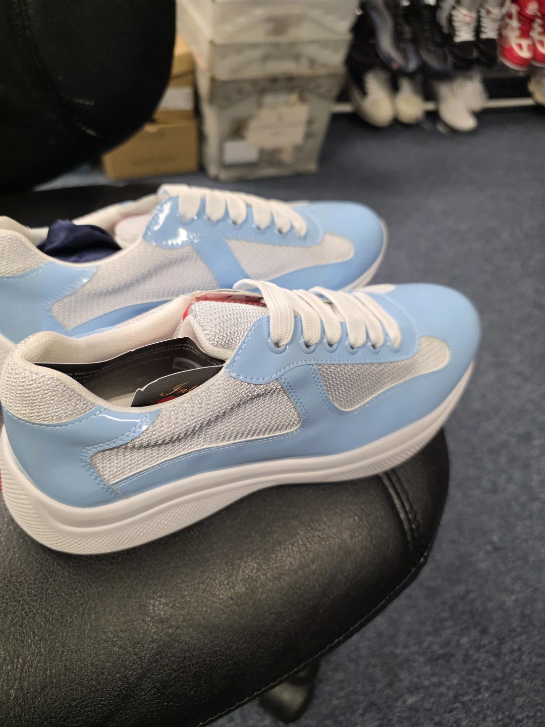 Prada Patent Leather & Mesh Sneakers - Light Blue - photo 5