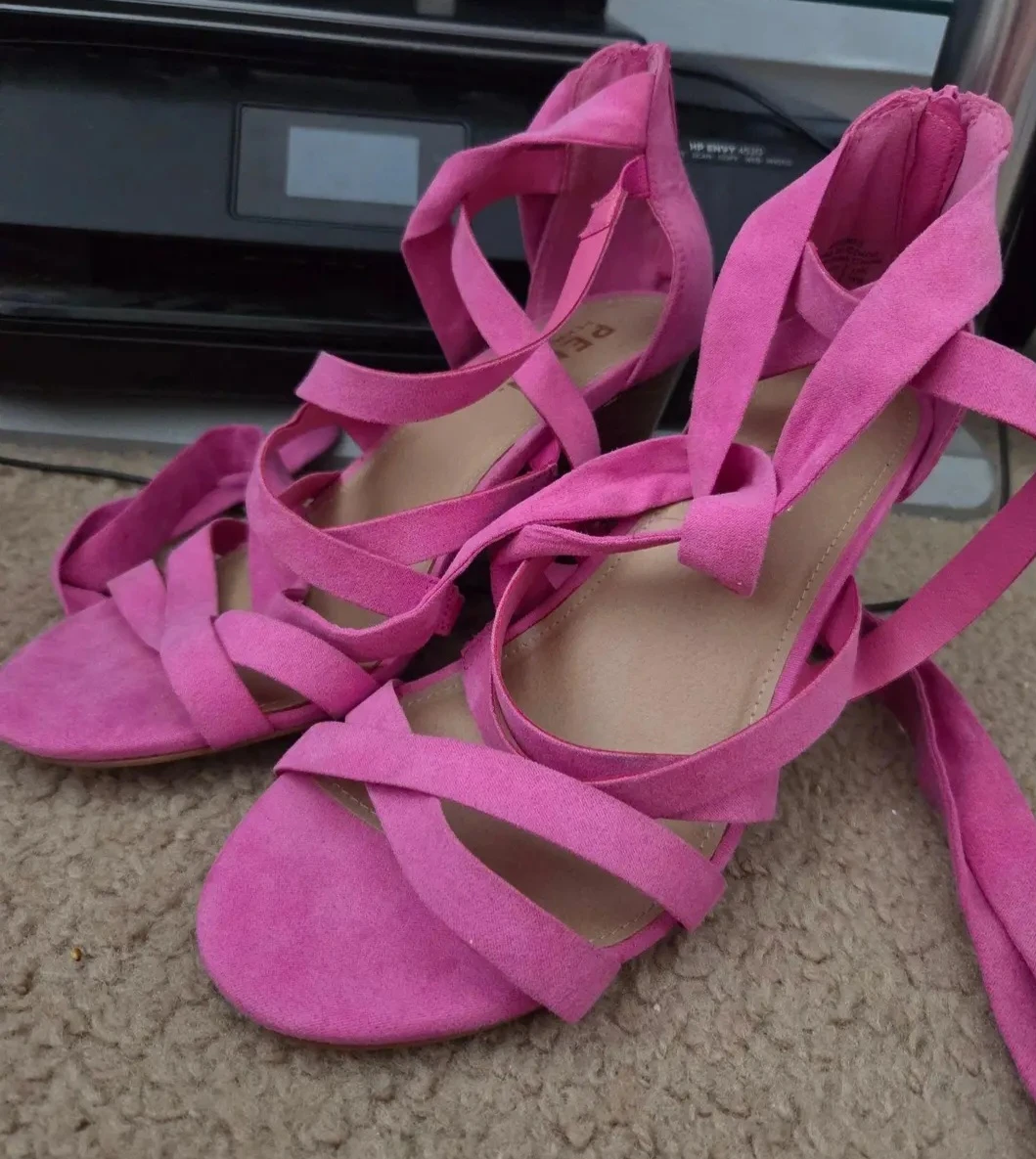 Pink Suede Strappy Heeled Sandals