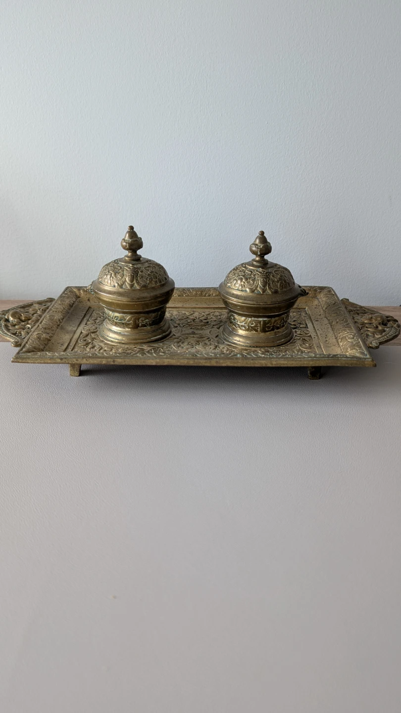 Antique Brass Inkwell with Two Lidded Cups