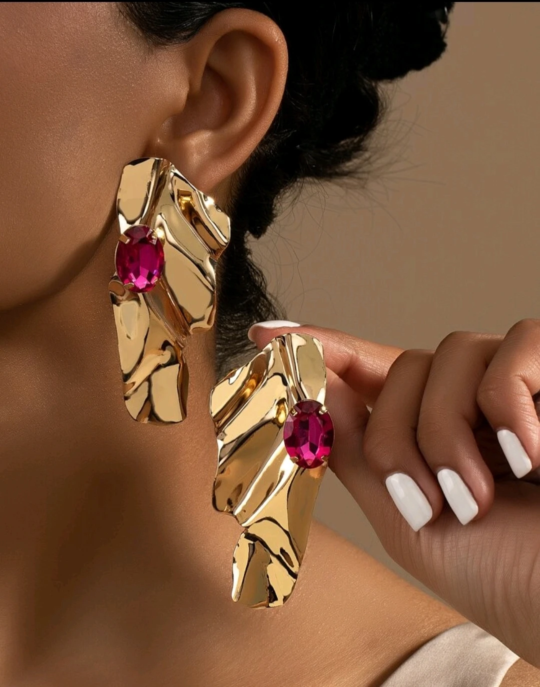 Gold Tone Bold Earrings with Pink Gemstones