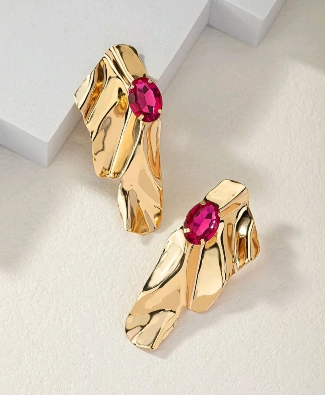 Gold Tone Bold Earrings with Pink Gemstones - photo 2
