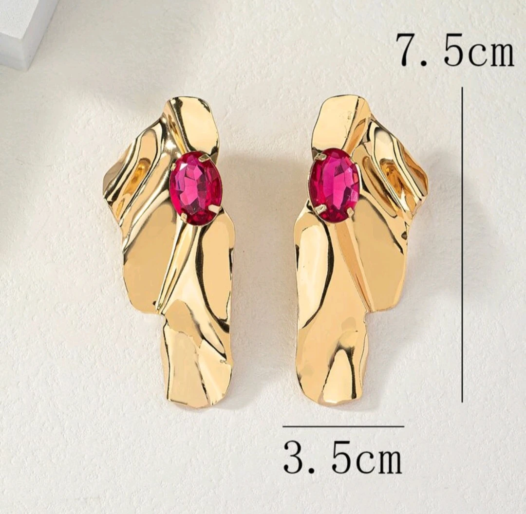 Gold Tone Bold Earrings with Pink Gemstones - photo 3