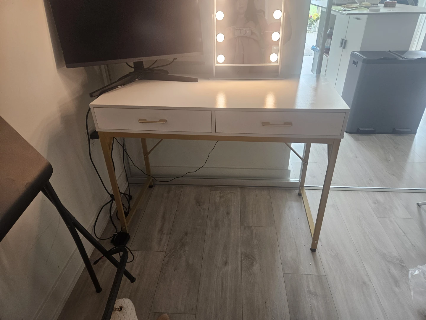 White Vanity Desk with Gold Legs