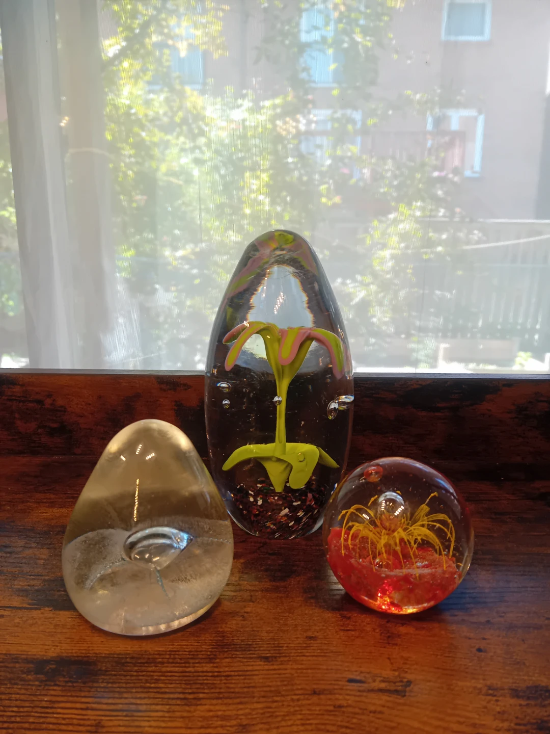 Set of 3 Glass Paperweights - Floral and Abstract Designs