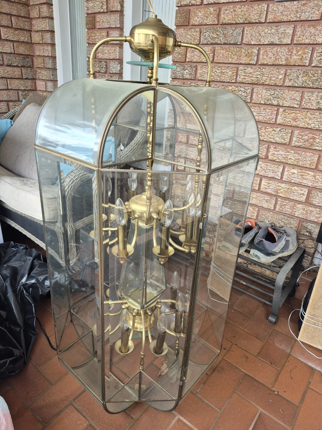 Large Glass and Brass Chandelier Light Fixture