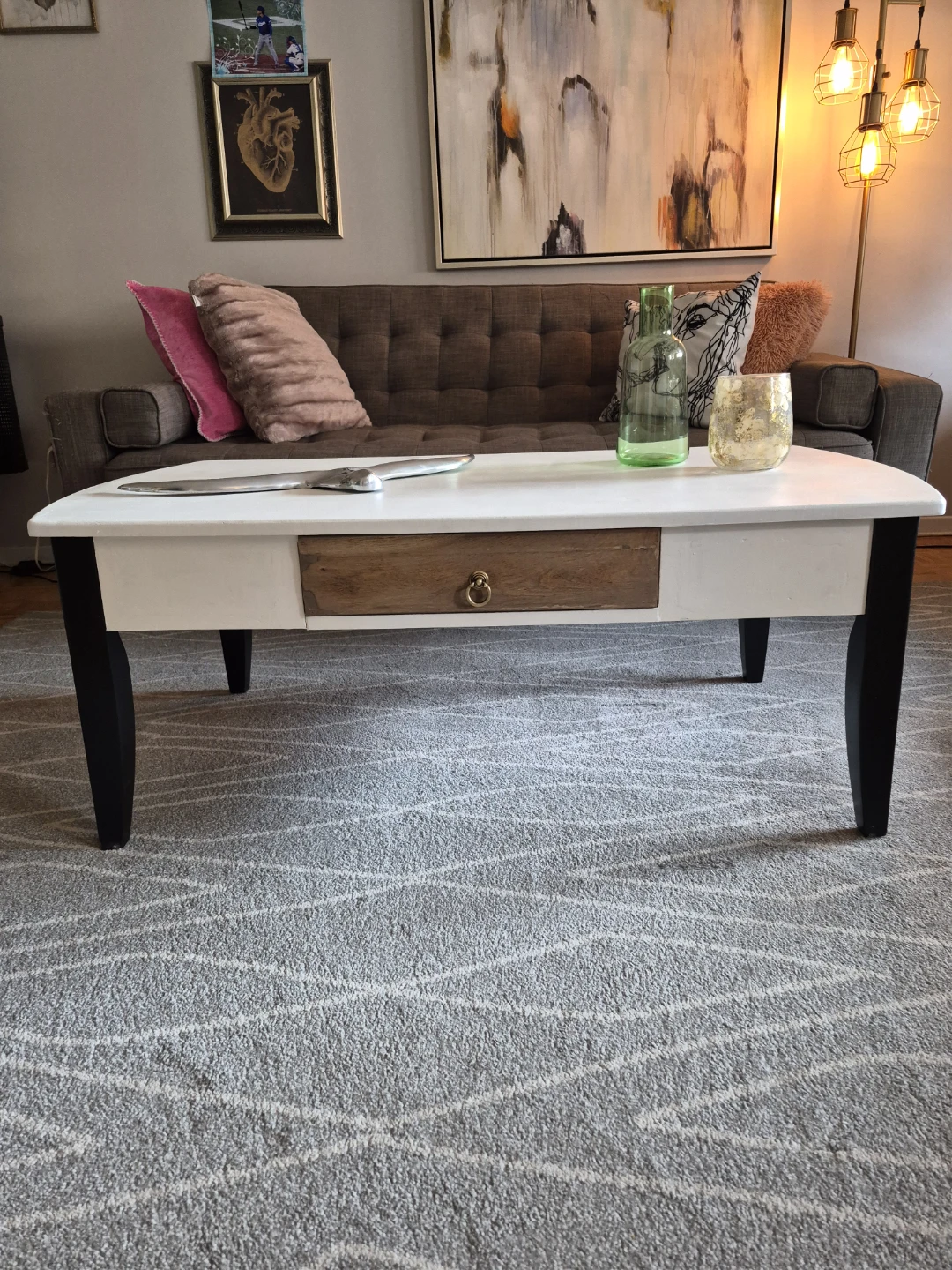 Creamy White & Black Coffee Table with Drawer