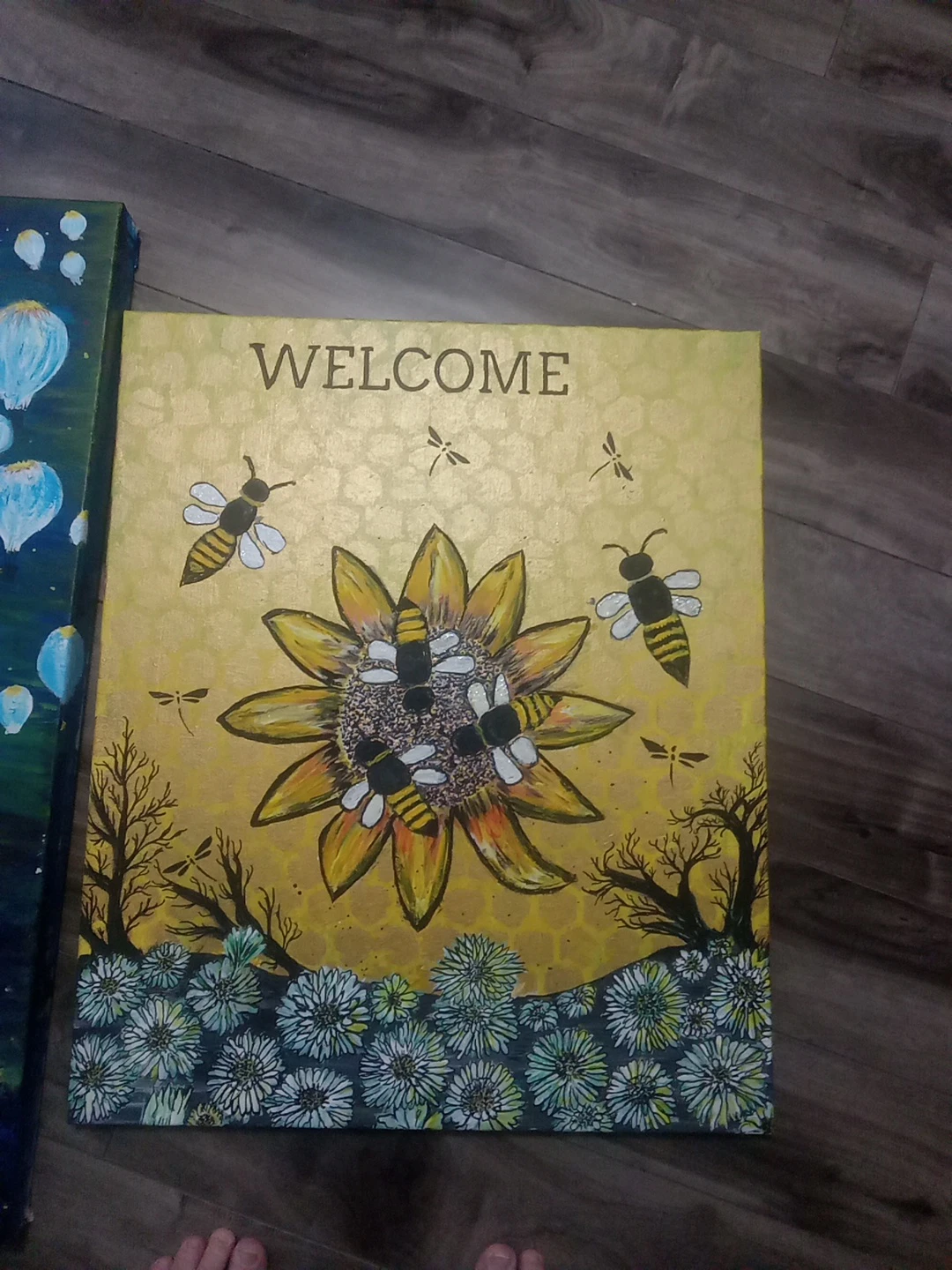Hand-Painted "WELCOME" Sunflower & Bee Canvas Art