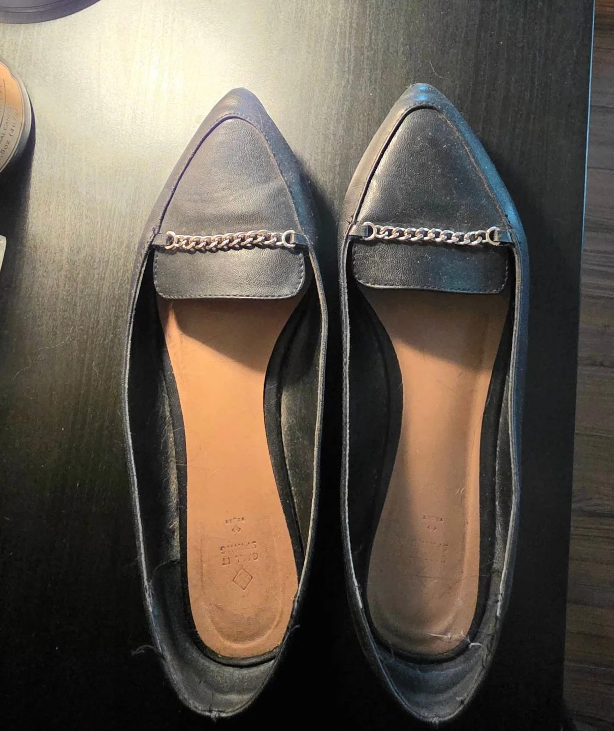 Black Leather Flats w/ Chain Detail