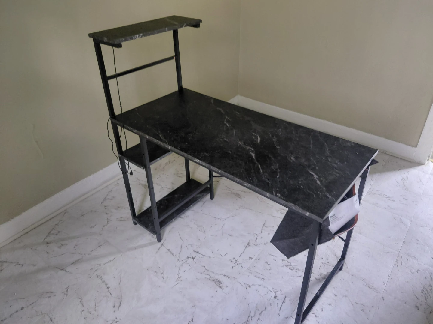 Black Marble Finish Computer Desk with Shelves