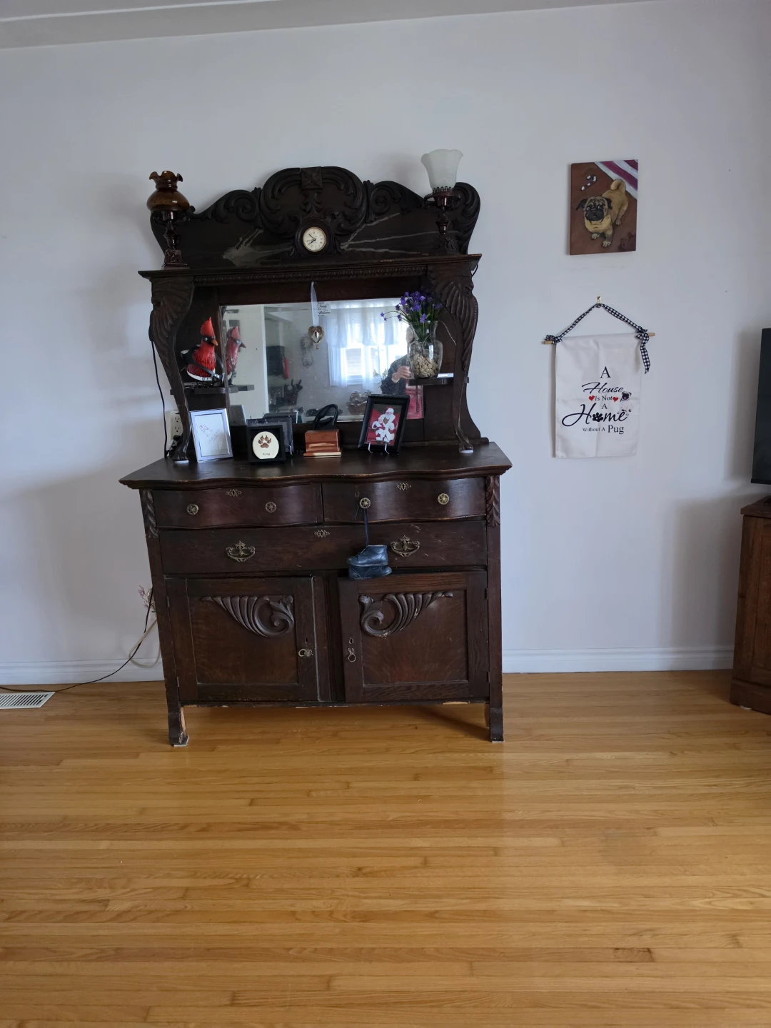 Antique Dark Wood Buffet with Mirror