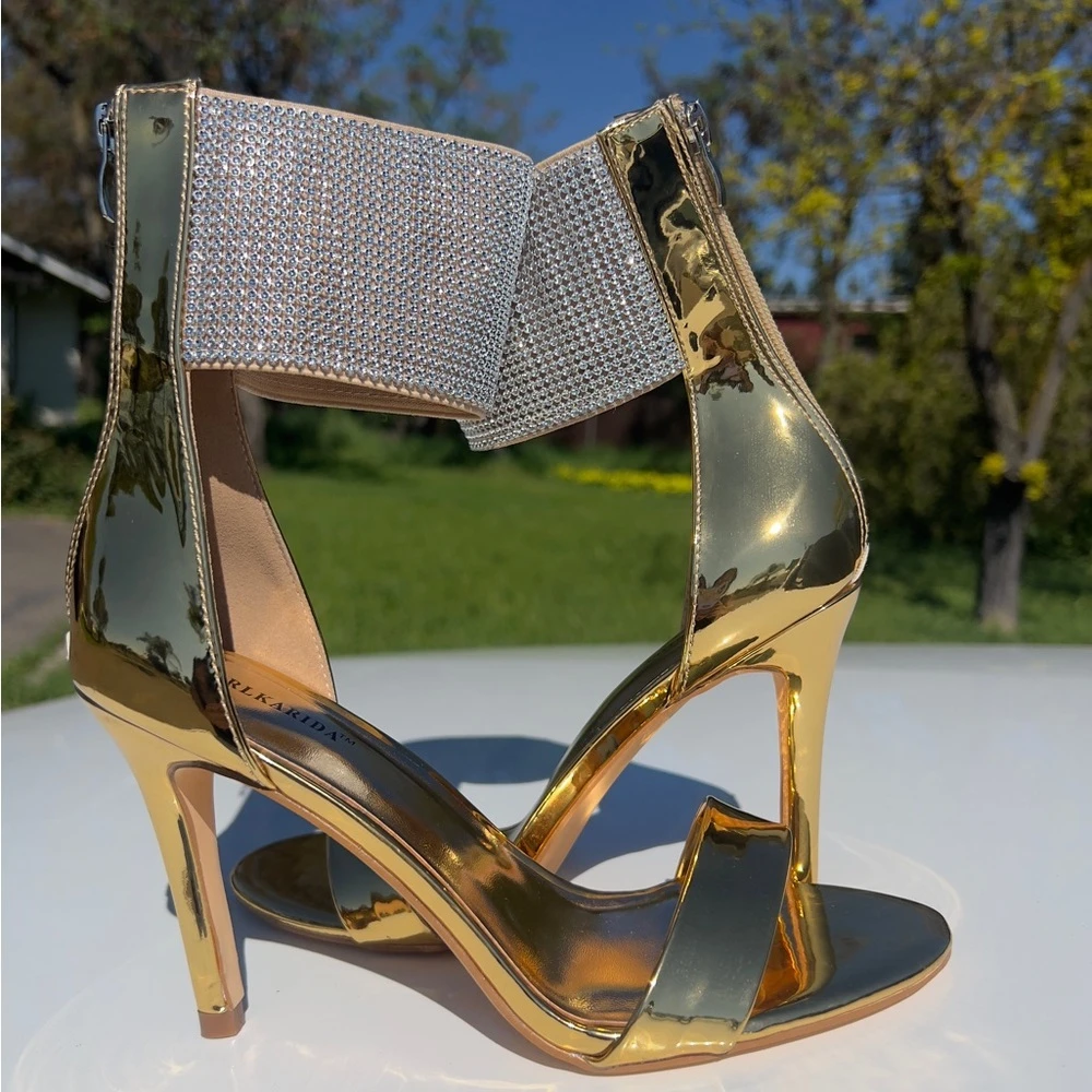 Gold High Heel Sandals with Rhinestones only size 10 - photo 2