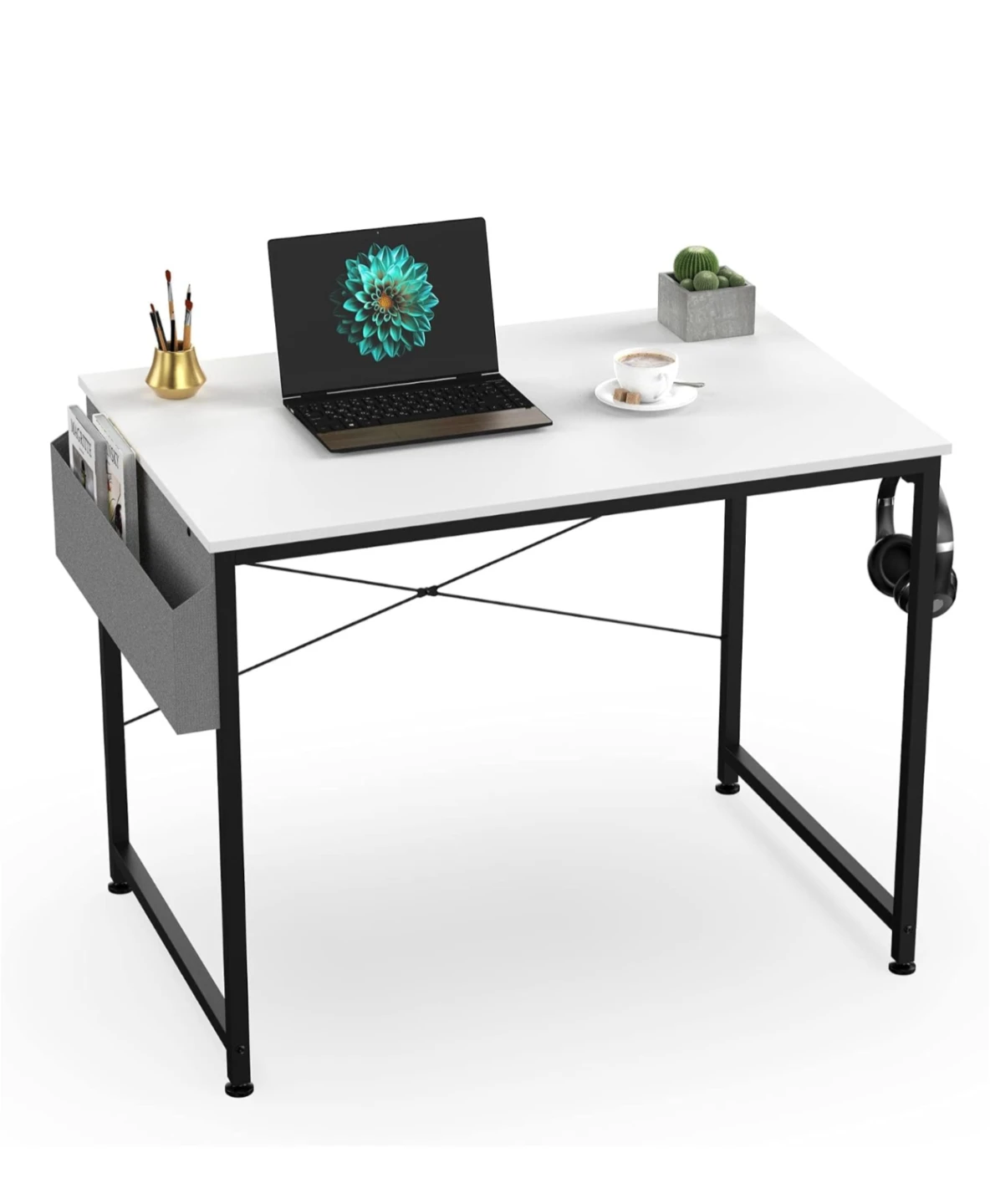 White Compact Desk with Storage Pocket