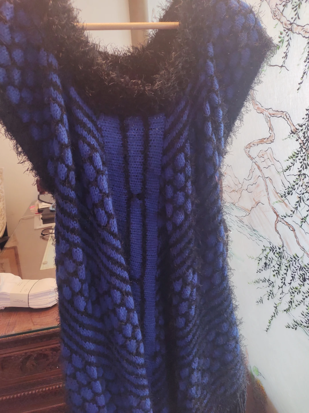 Blue and Black Knit Poncho