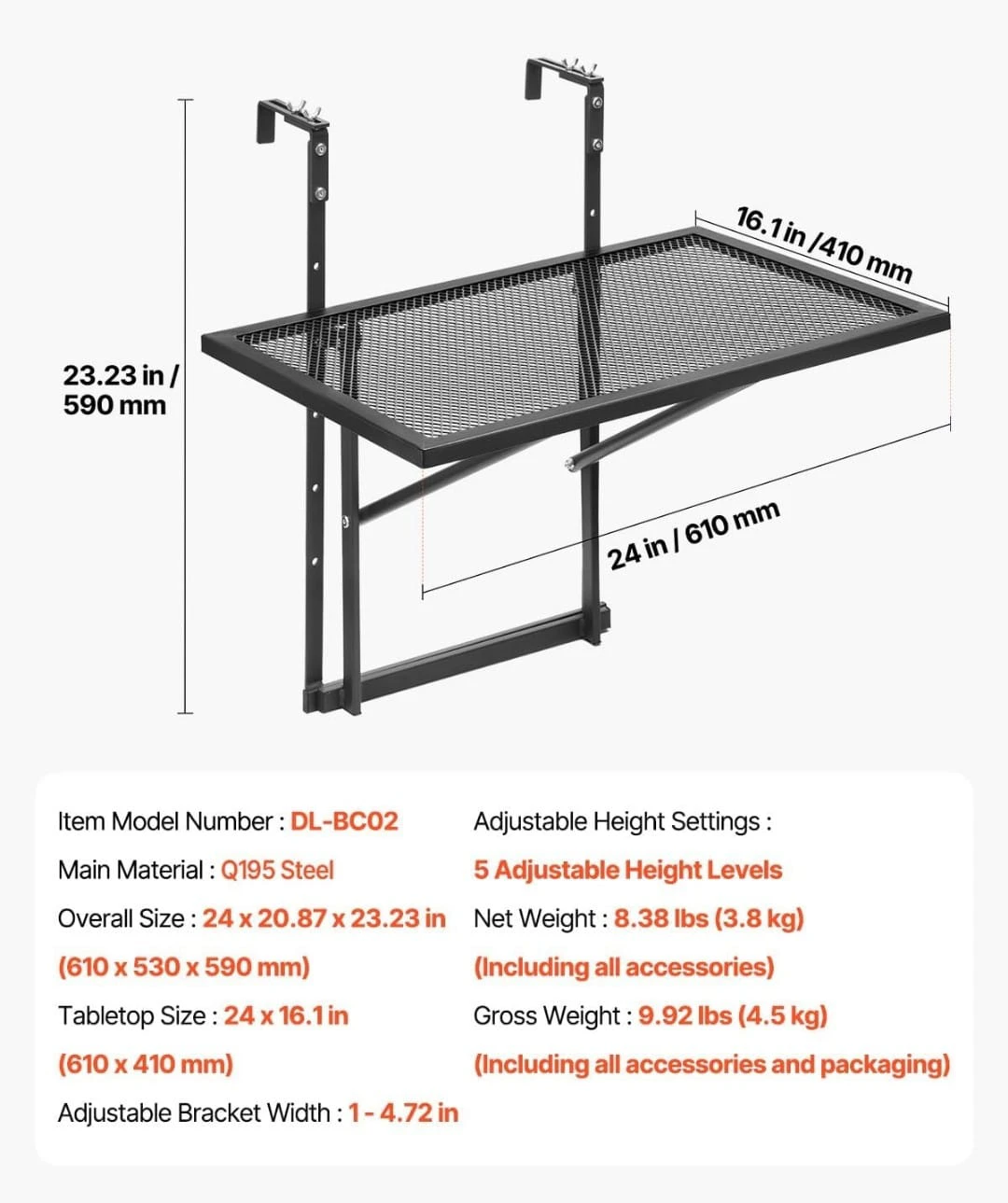 VEVOR Folding Balcony Hanging Table 19 x 24 in Metal