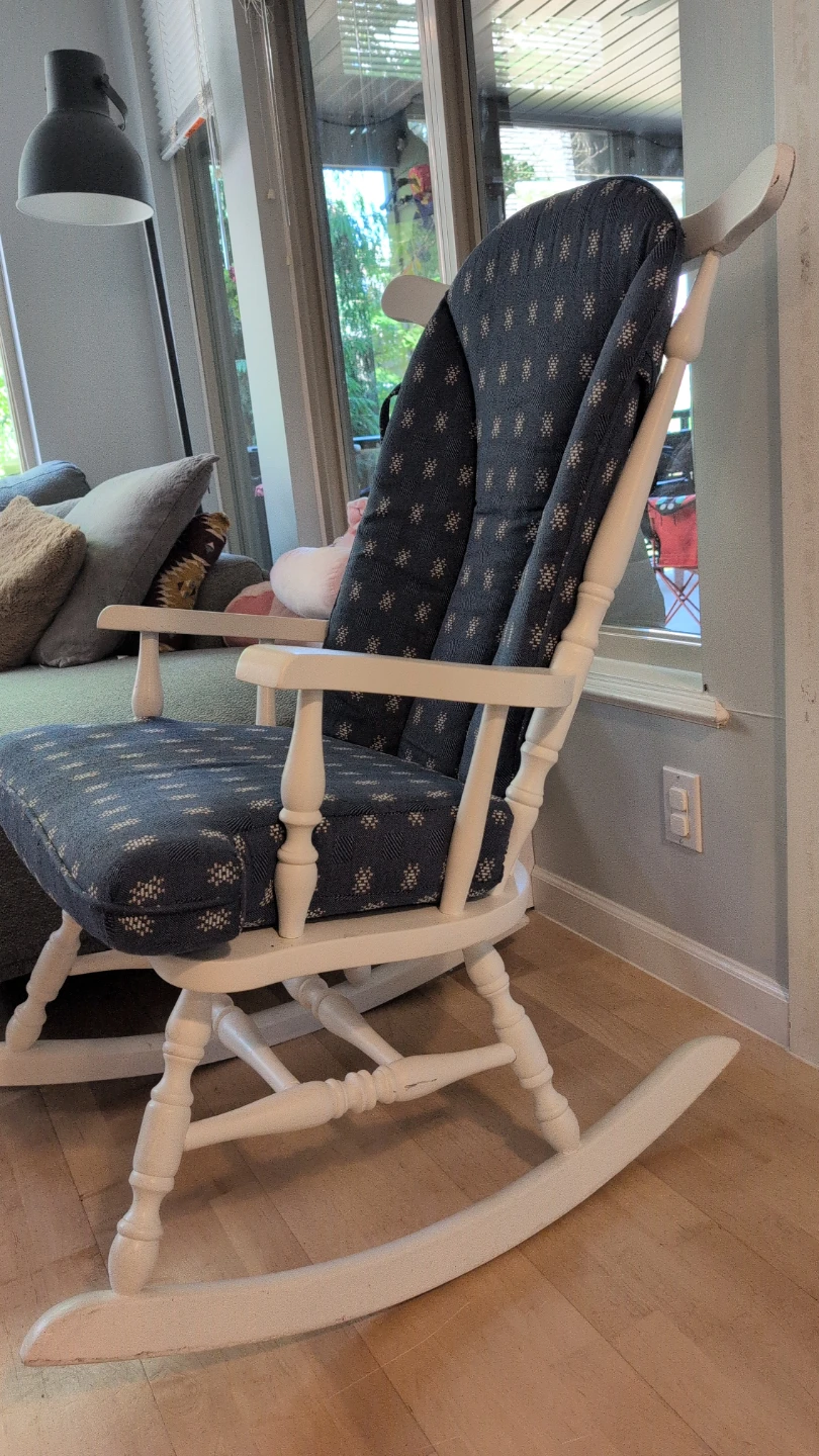 White Wooden Rocking Chair with Blue Cushion - photo 3