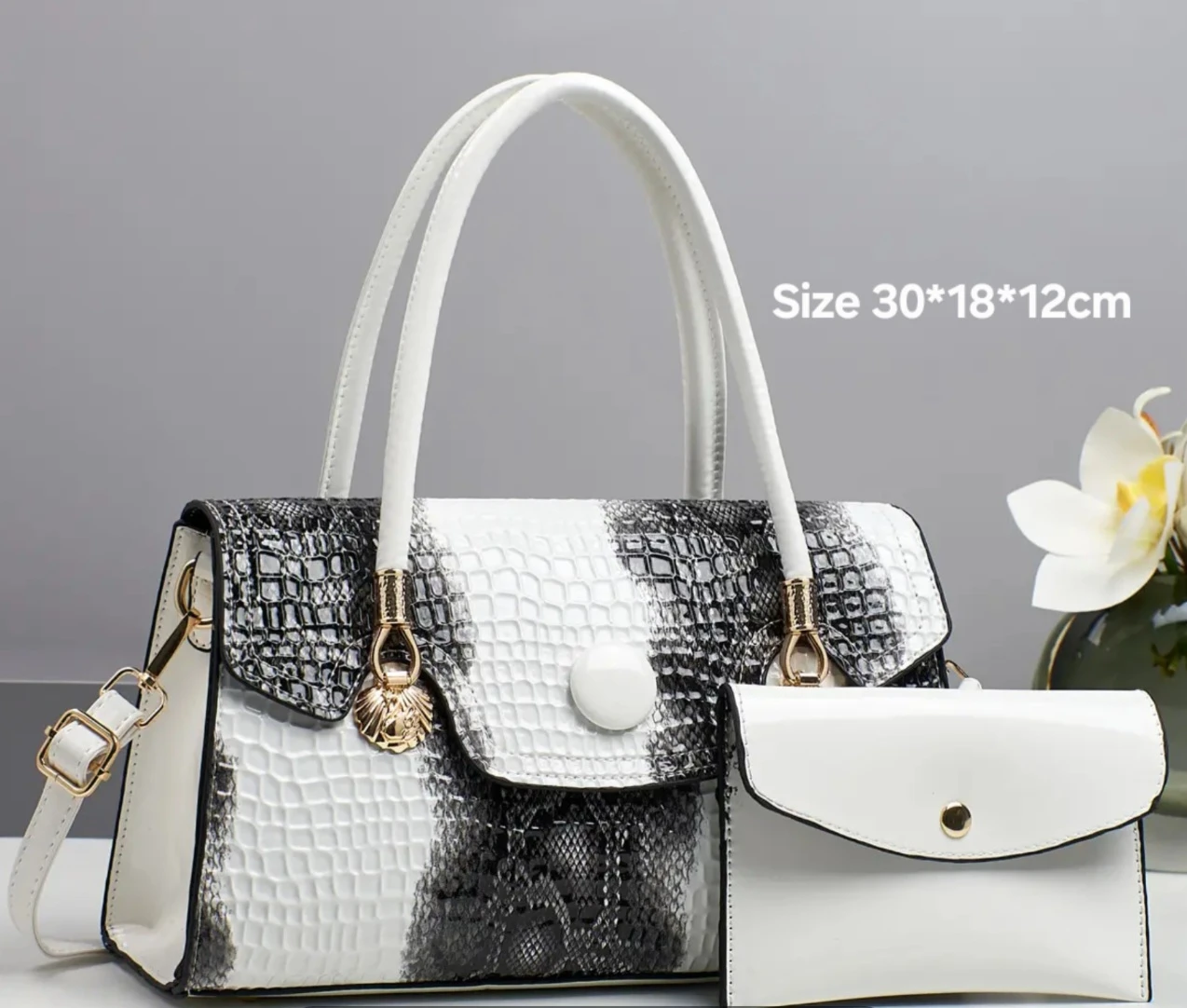 Black and White Crocodile Print Handbag Set with Pouch - photo 2