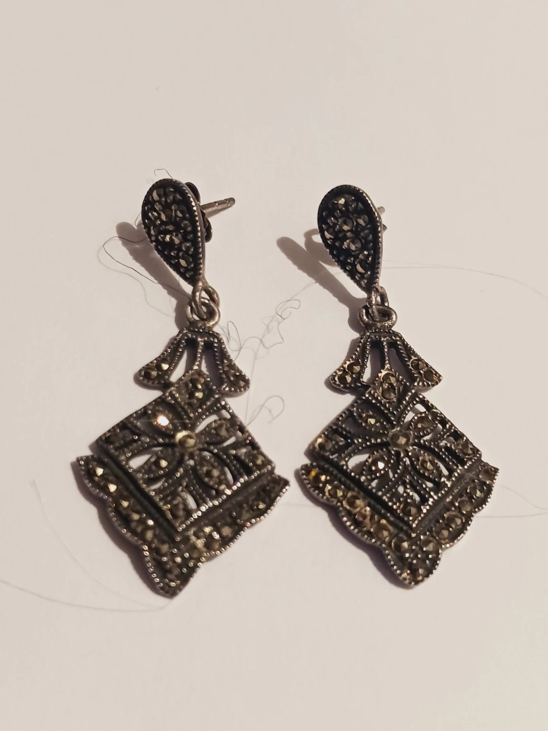 Art Deco Marcasite Sterling Silver 925  Dangle Earrings - photo 3