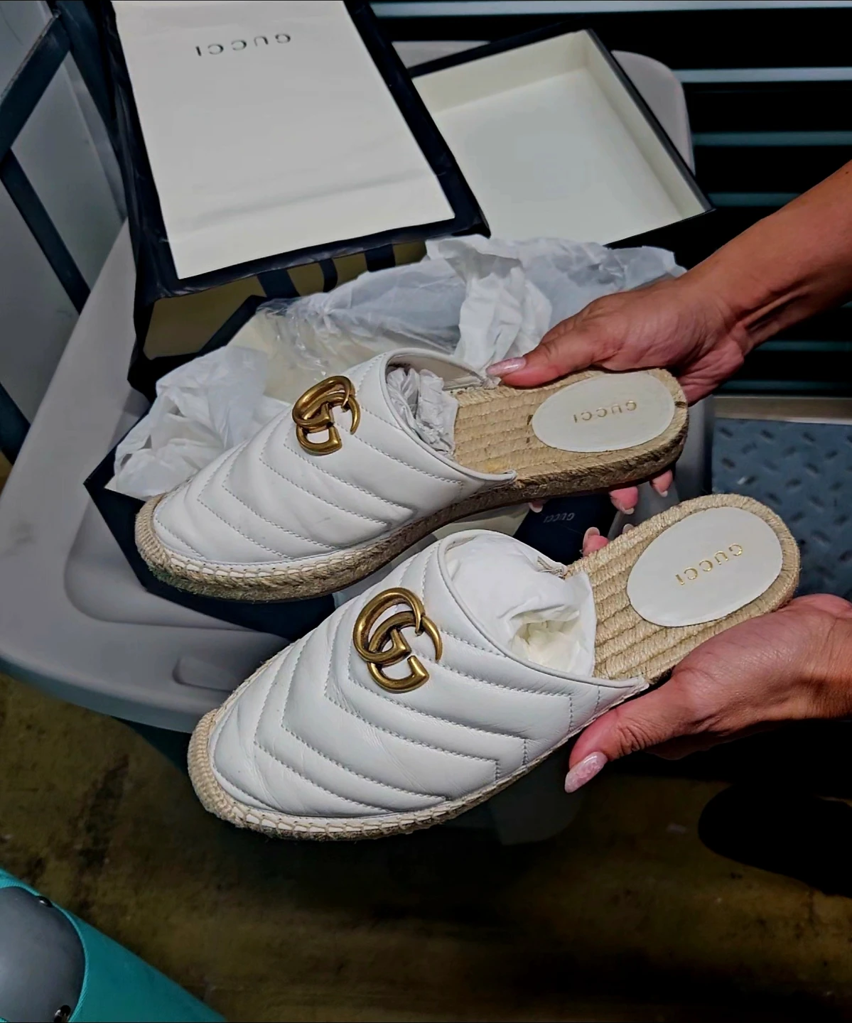 Gucci White Leather GG Marmont Espadrille Mules