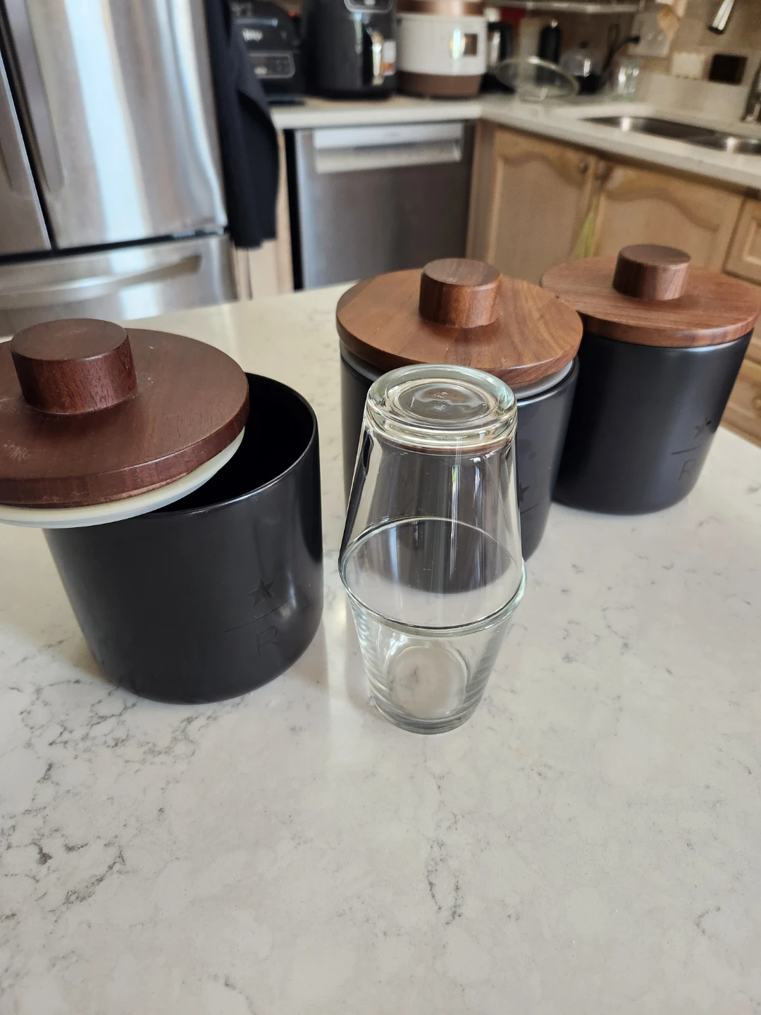 Set of 3 Black Canisters with Wood Lids