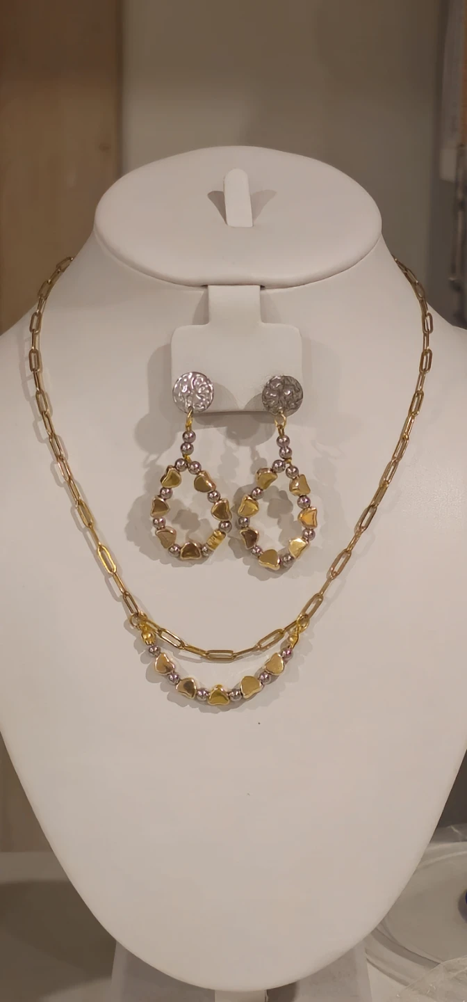 Gold Tone Beaded Hoop Earrings & Layered Necklace Set