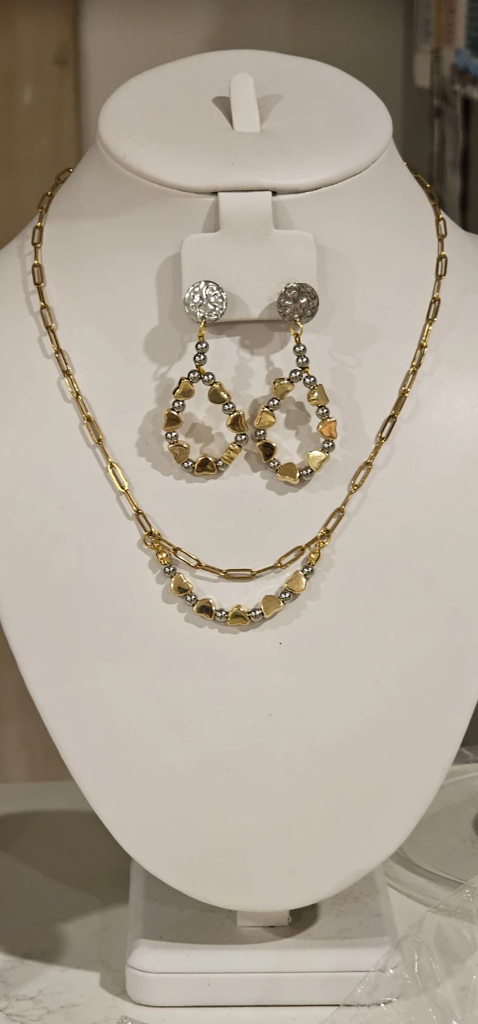 Gold Tone Beaded Hoop Earrings & Layered Necklace Set - photo 2
