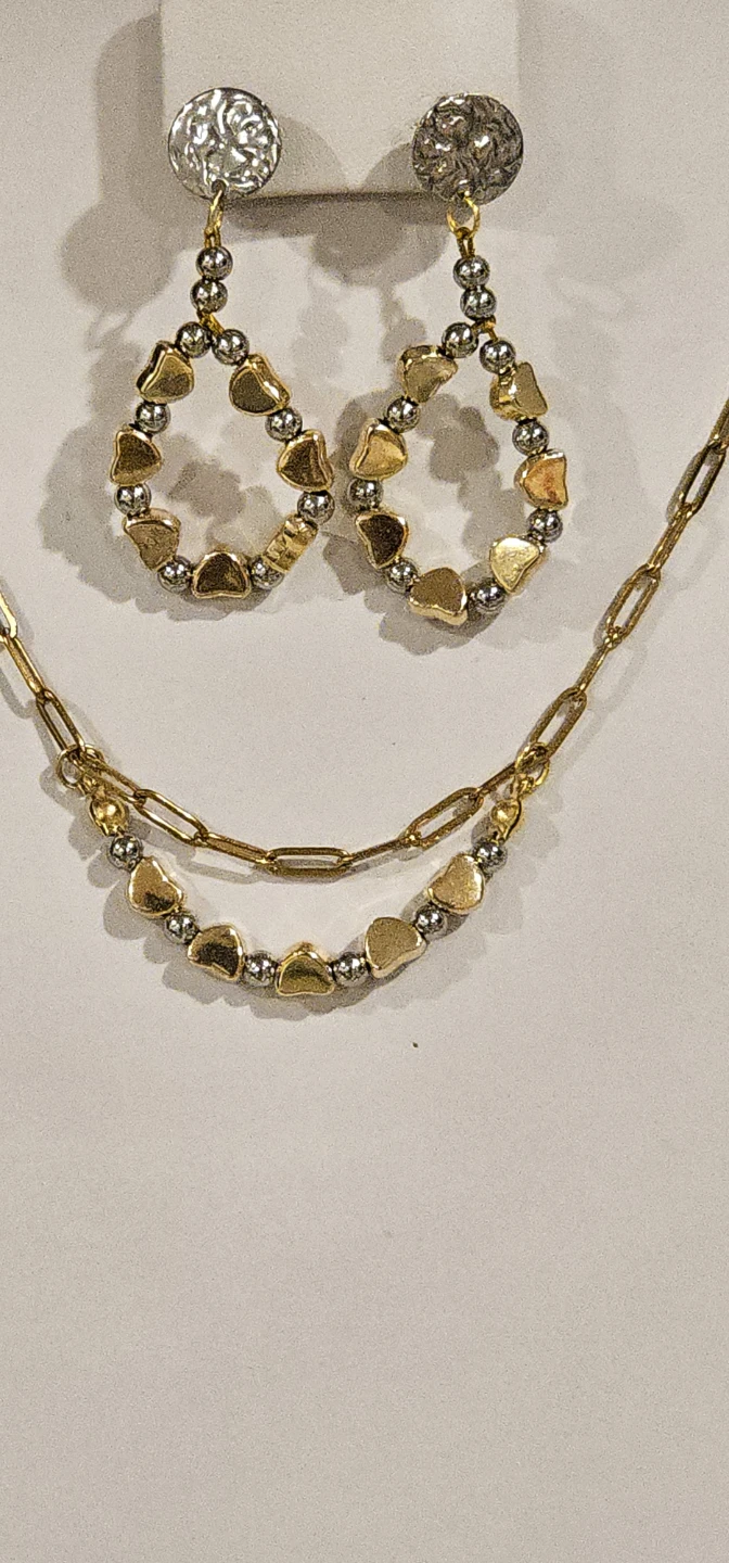 Gold Tone Beaded Hoop Earrings & Layered Necklace Set - photo 3