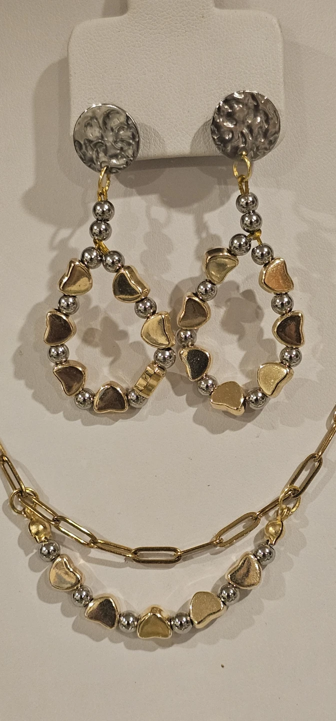 Gold Tone Beaded Hoop Earrings & Layered Necklace Set - photo 4