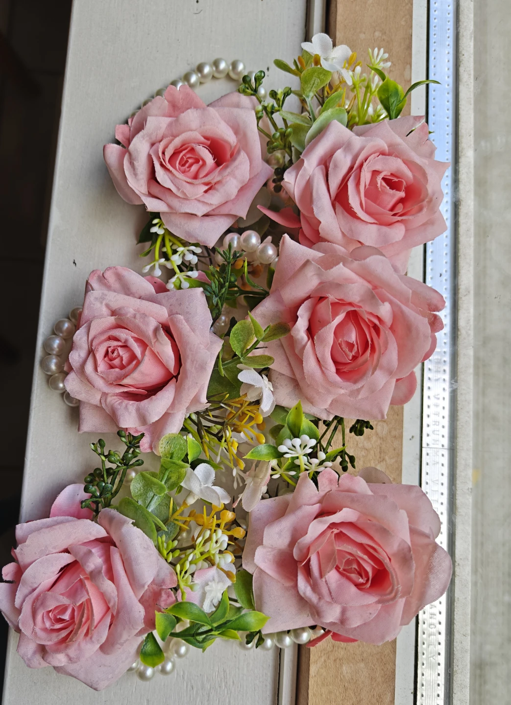 6 Blush Pink Faux Rose Wrist Corsage with Pearl Bracelets