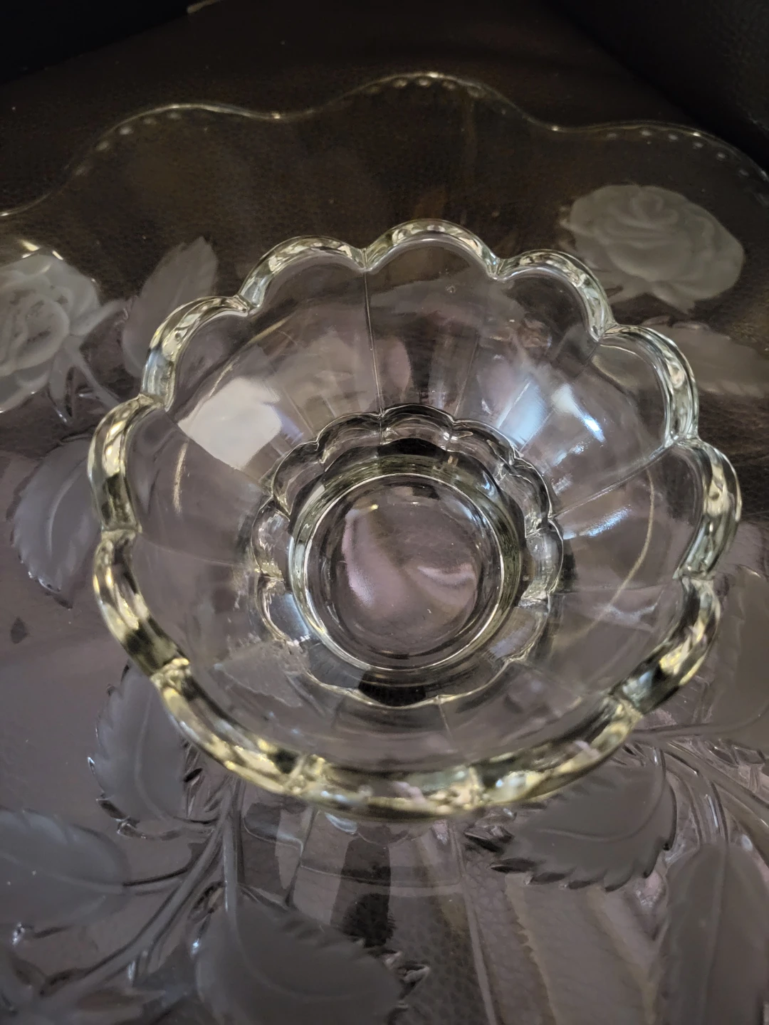 Bohemian Glass Footed Cake Stand with Embossed Rose Etching - photo 5
