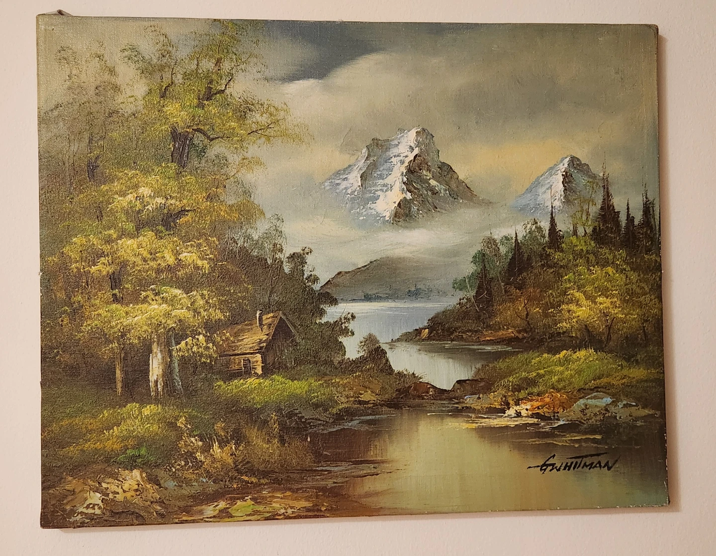 Oil Painting of Mountain Cabin Landscape by G. Whitman