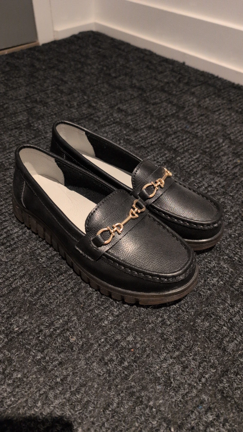 Women's Black Loafers with Gold Buckle