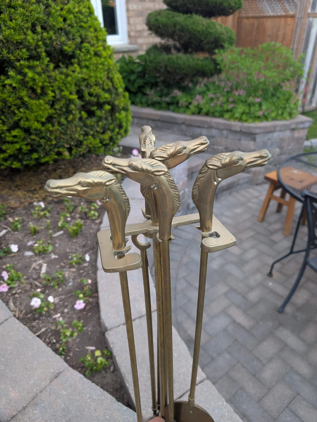 Vintage Equestrian Horse Head Brass Fireplace Tool Set