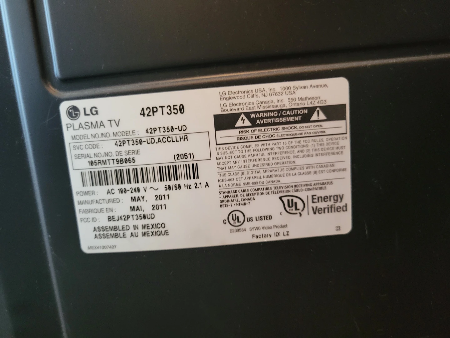 LG 42PT350 Plasma TV - photo 2
