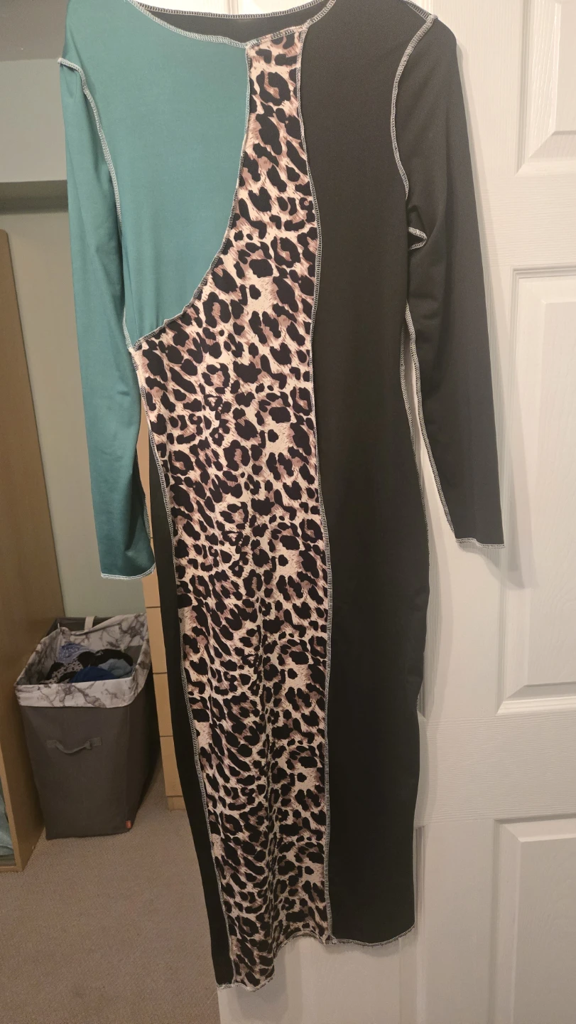 Colour Block Leopard Print Long Sleeve Dress