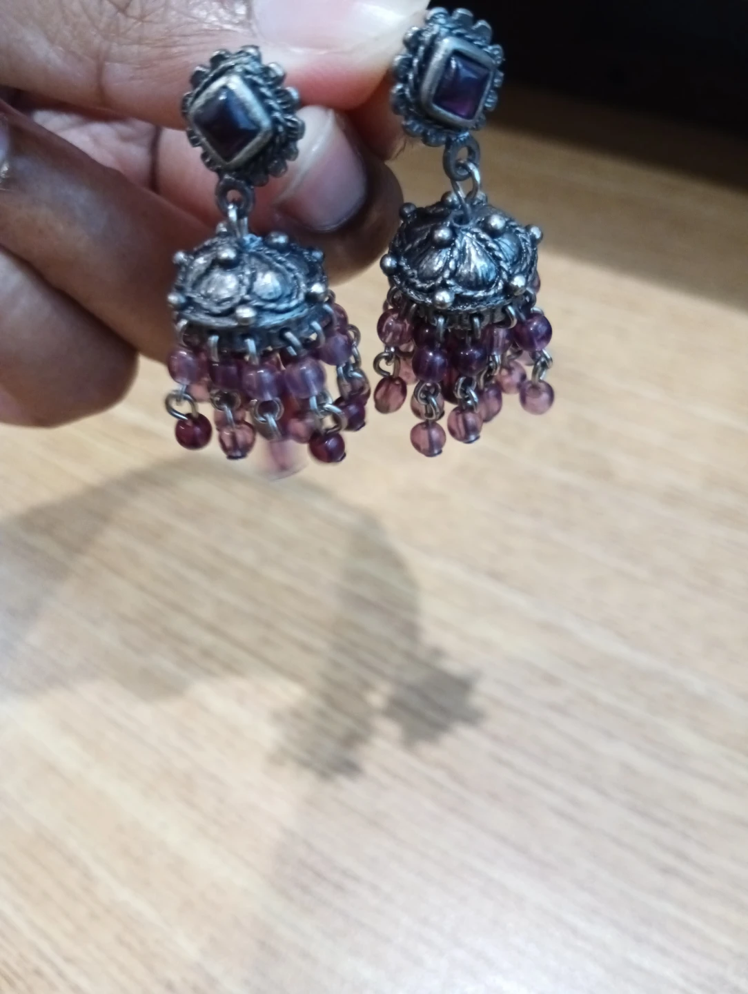 Silver Jhumka Earrings with Purple Beads