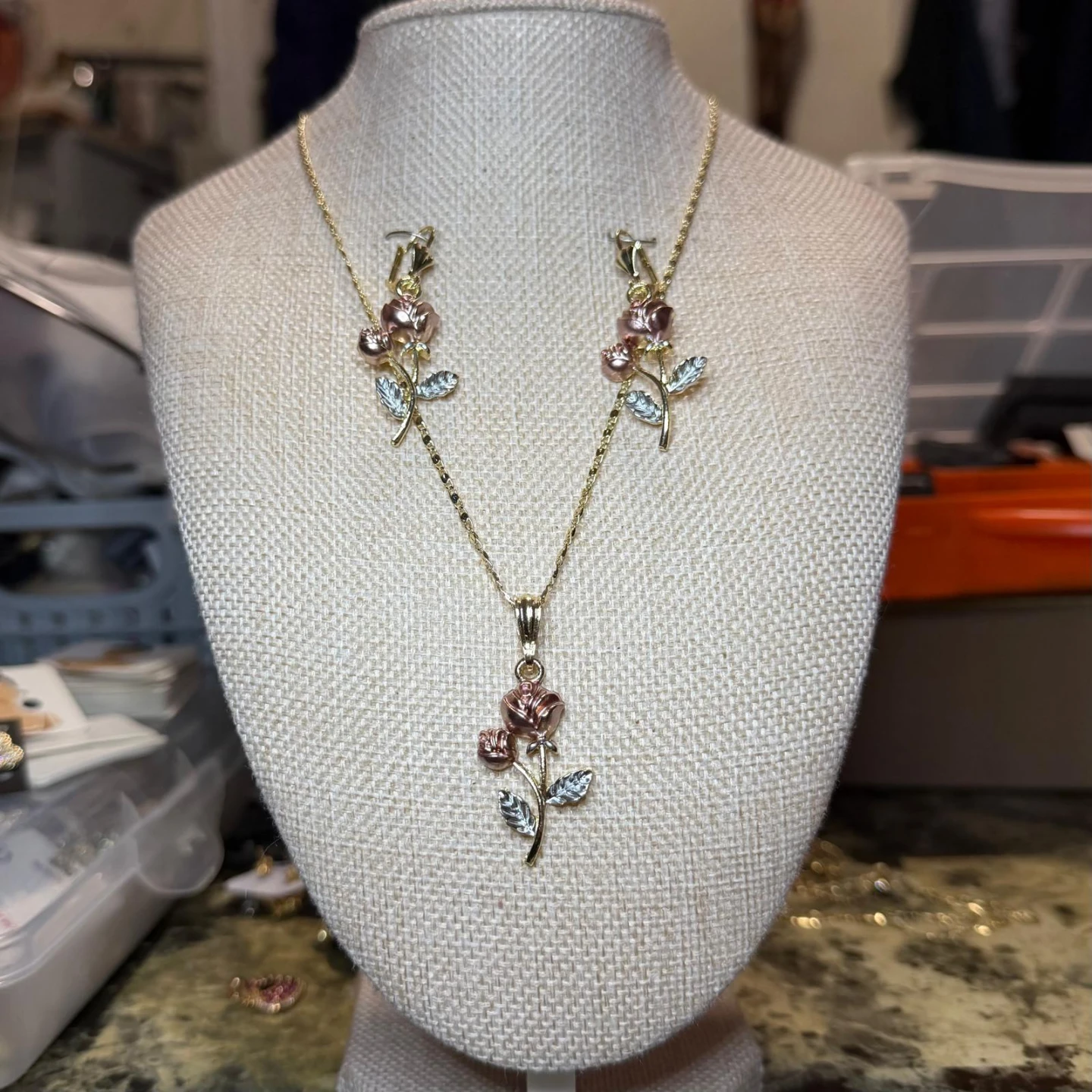 Gold laminated Rose Pendant Necklace and Earrings Set - photo 2