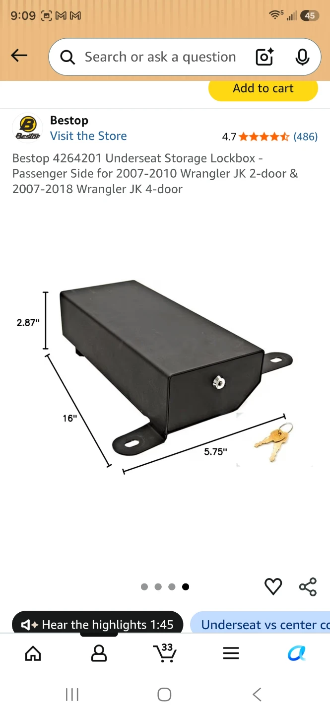 Bestop Underseat Storage Lockbox for Jeep Wrangler JK