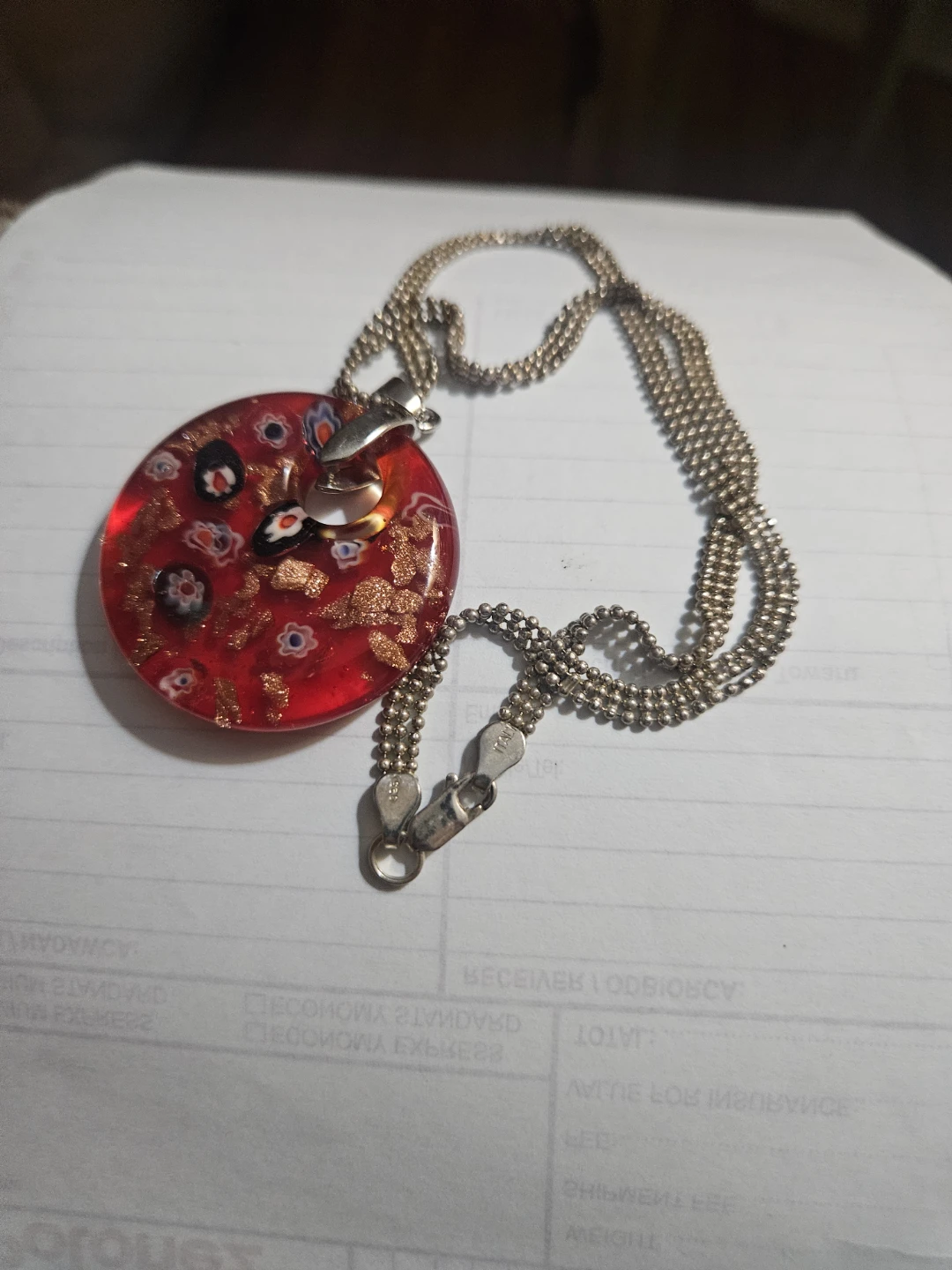 Millefiori Glass Pendant Necklace with-925 Silver Chain