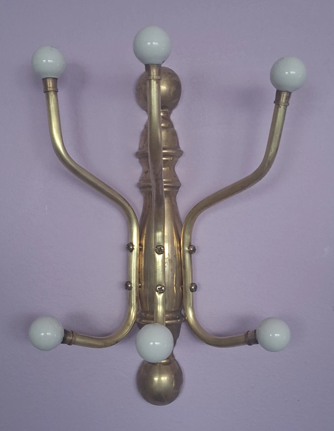 Brass Coat Rack 6 Hooks with porcelain knobs