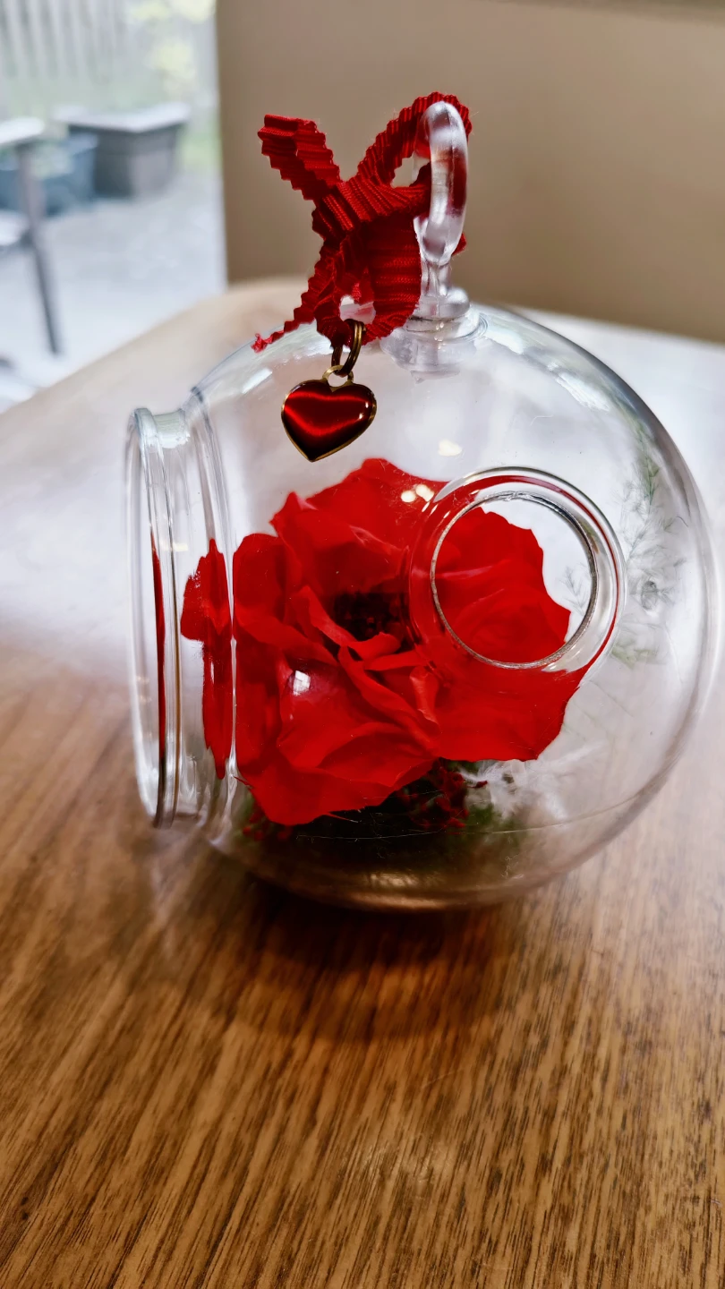 Plastic Orb Ornament with Red Rose and Heart Charm