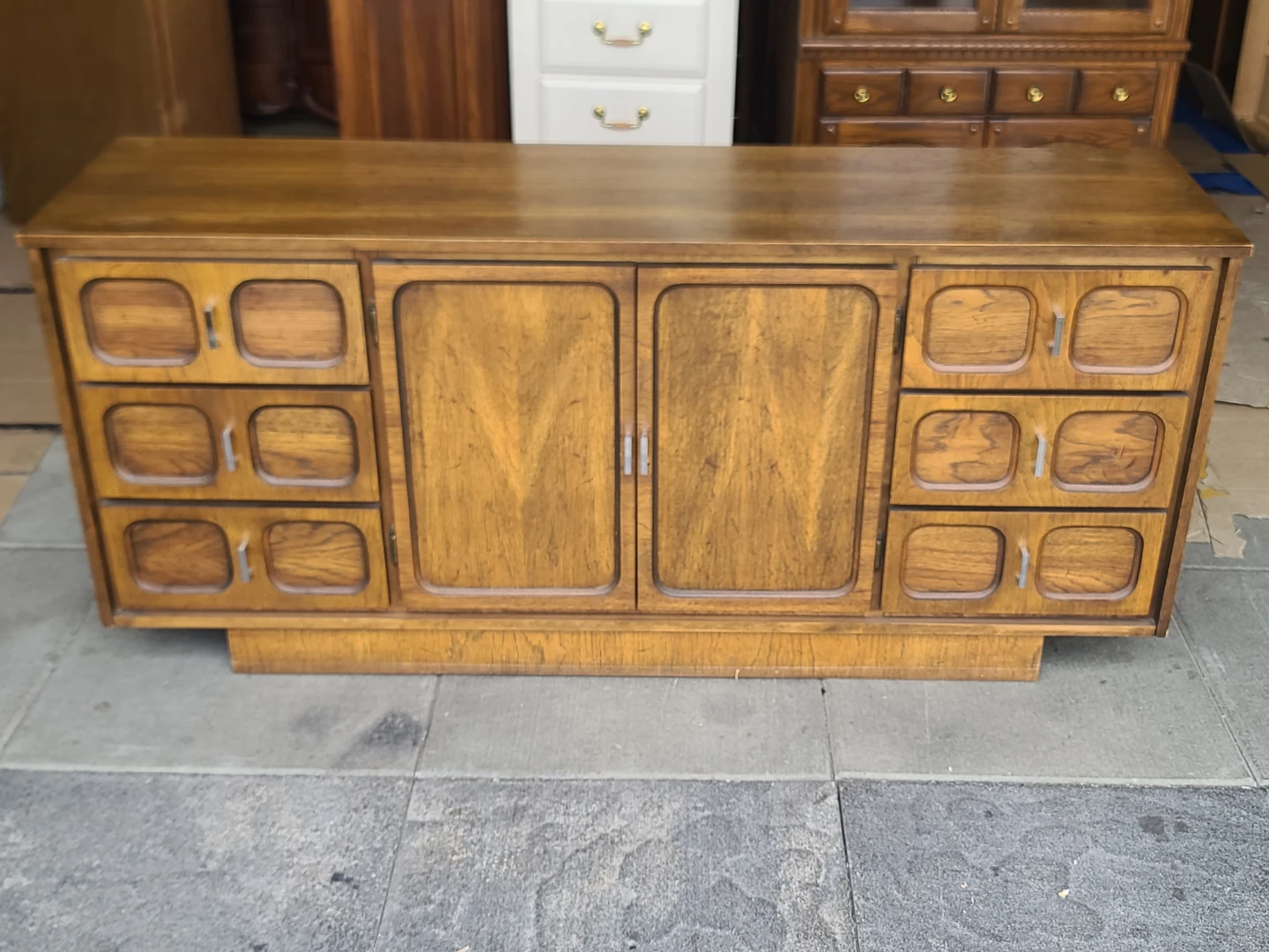 Vintage 1970s Walnut Credenza / Sideboard Wirh Mirror