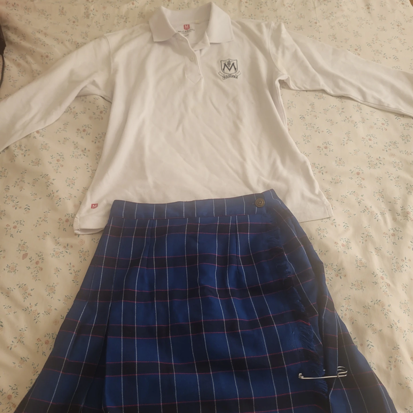 Madonna uniform white long-sleeve polo with blue kilt