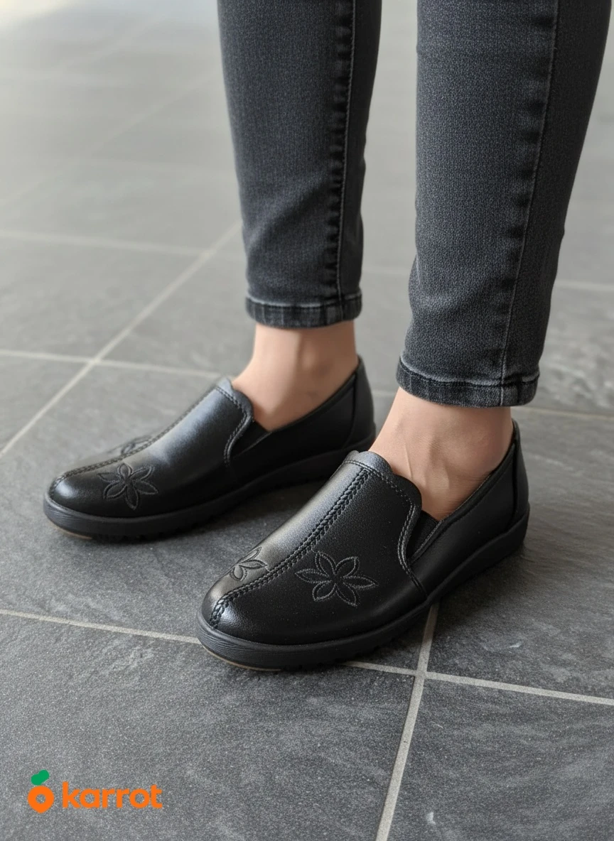 Black Slip-On Loafers with Flower Detail