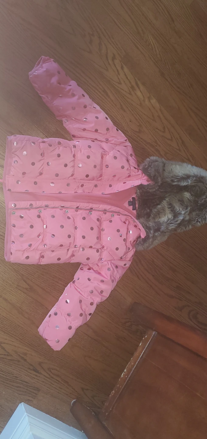 Tommy Hilfiger Pink Polka Dot Puffer Jacket with Faux Fur Hood