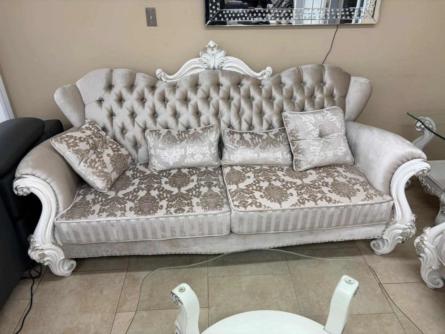 Ornate Tufted Sofa Set with Glass Coffee Table