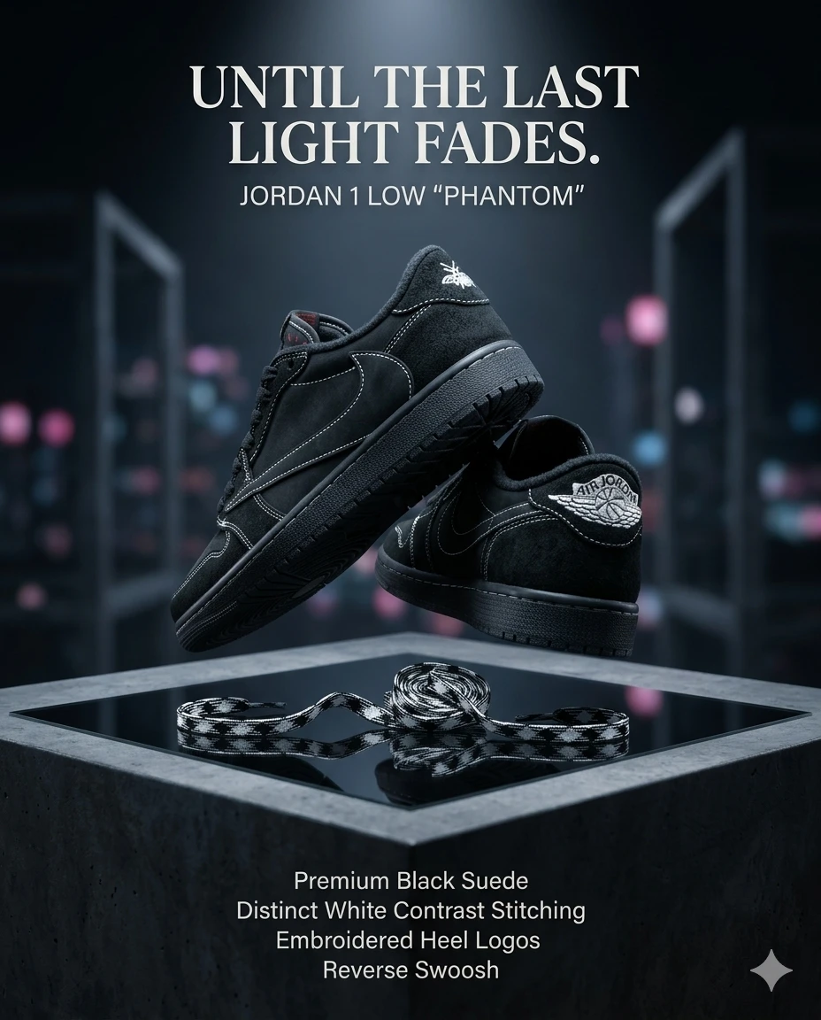 Jordan 1 Low "Phantom" Black Suede Sneakers