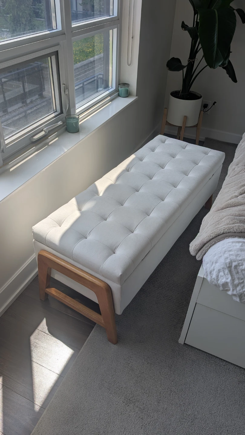 White Tufted Storage Bench with Wooden Legs