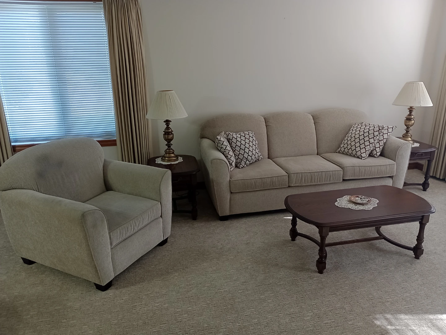 Sofa, Loveseat, Armchair, coffee &end tables and lamps