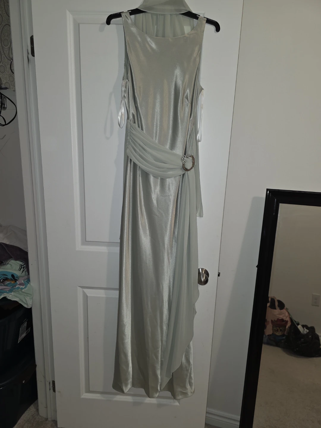 Sparkly Silver Evening Gown with Scarf Detail